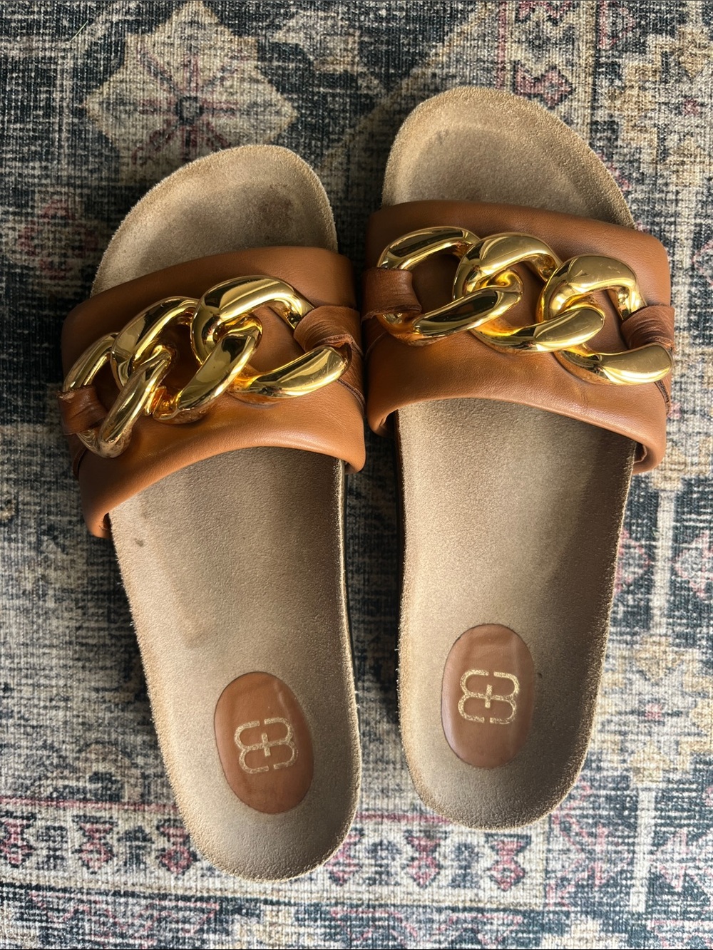 Women's Tan Slide Sandals with Gold Chain Accent